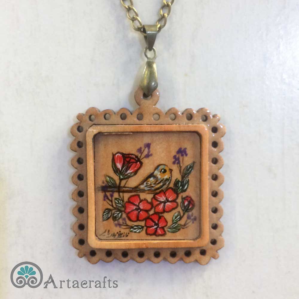 Wooden Flower and Bird Necklace